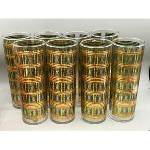 Set of 8 Starlyte Glasses Vintage Highball Gold & Green